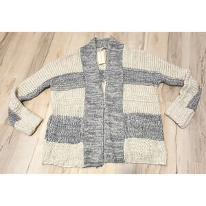 Skies Are Blue‎ Medium Cardigan Open Front Chunky Knit Cream Gray Stripe New